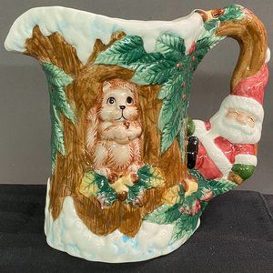 World Bazaars Christmas Ceramic Pitcher Santa and Squirrel Holly